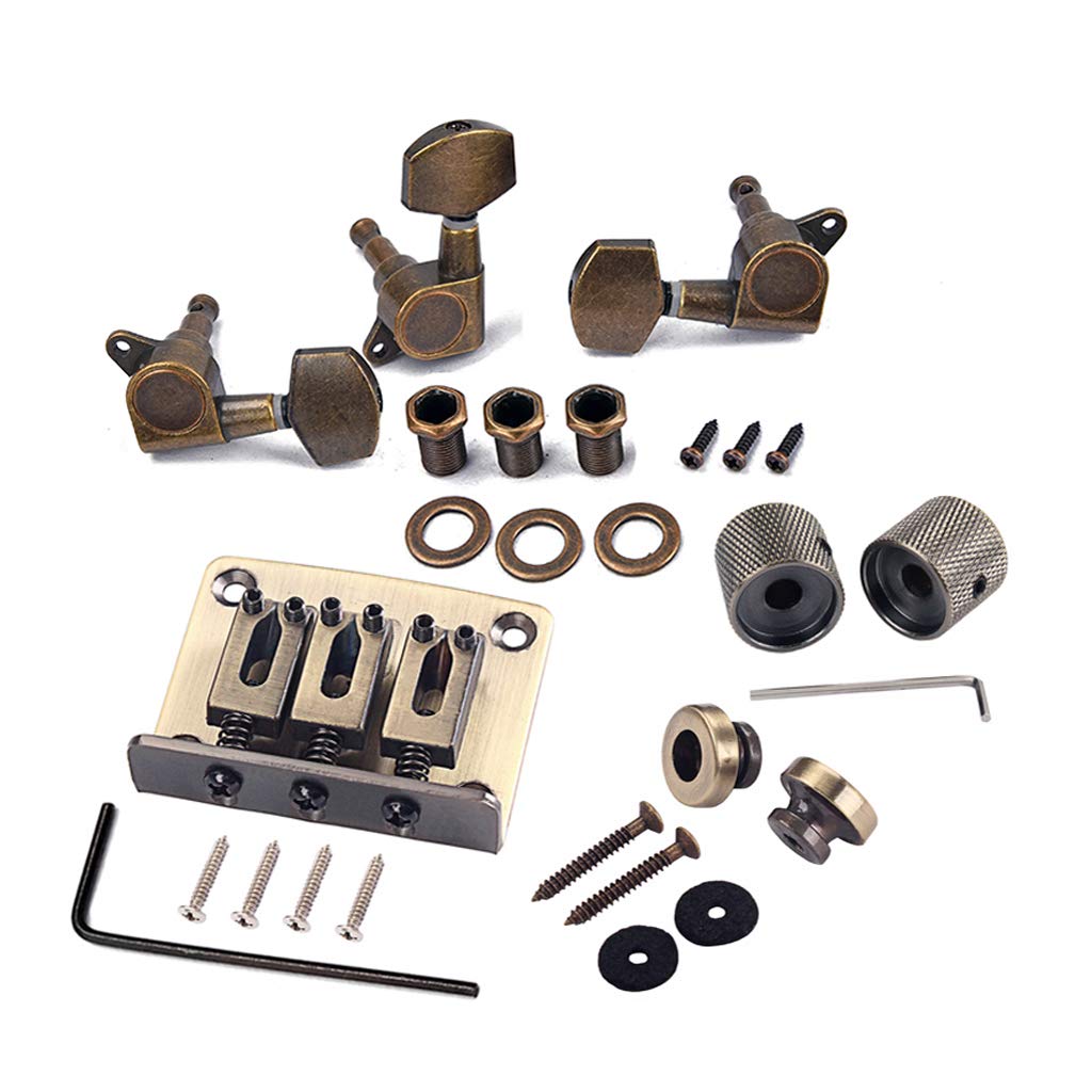 Ogdni Saddle Bridge Tuning Pegs Bronze Combo Kits Parts Control Knobs Strap Locks Wrenches Screws Washers for 3 String Cigar Box