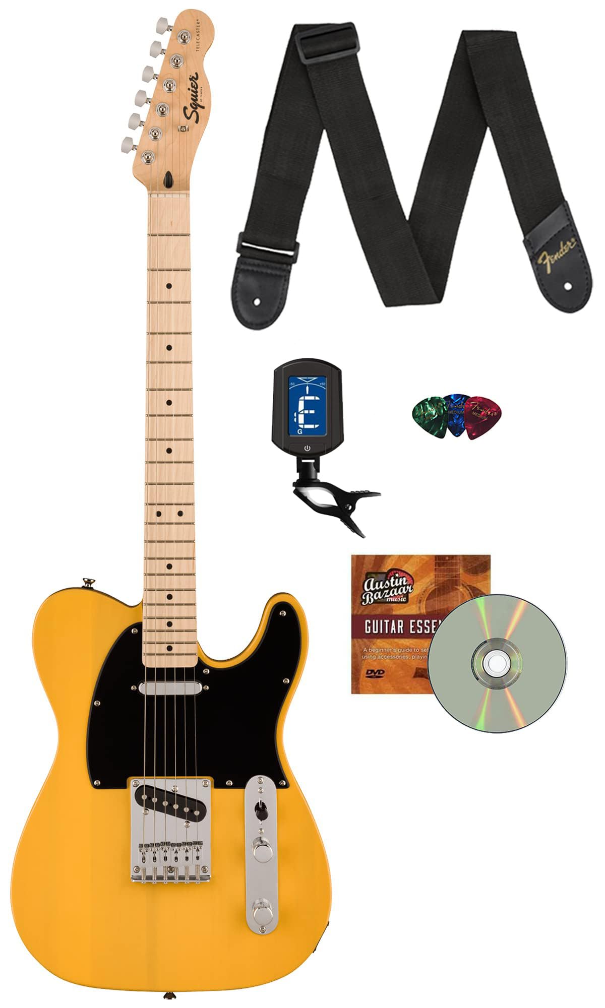 Fender Squier Sonic Telecaster - Butterscotch Blonde Bundle With Tuner, Strap, Picks, And Austin Bazaar Guitar Dvd