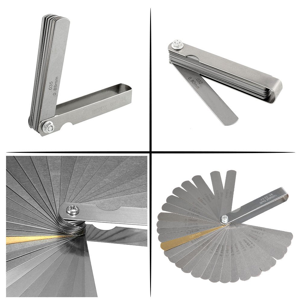 TIMESETL 2Pack Stainless Steel Feeler Gauge Dual Marked Metric and Imperial Gap Measuring Tool 32 Blades + String Action Ruler G