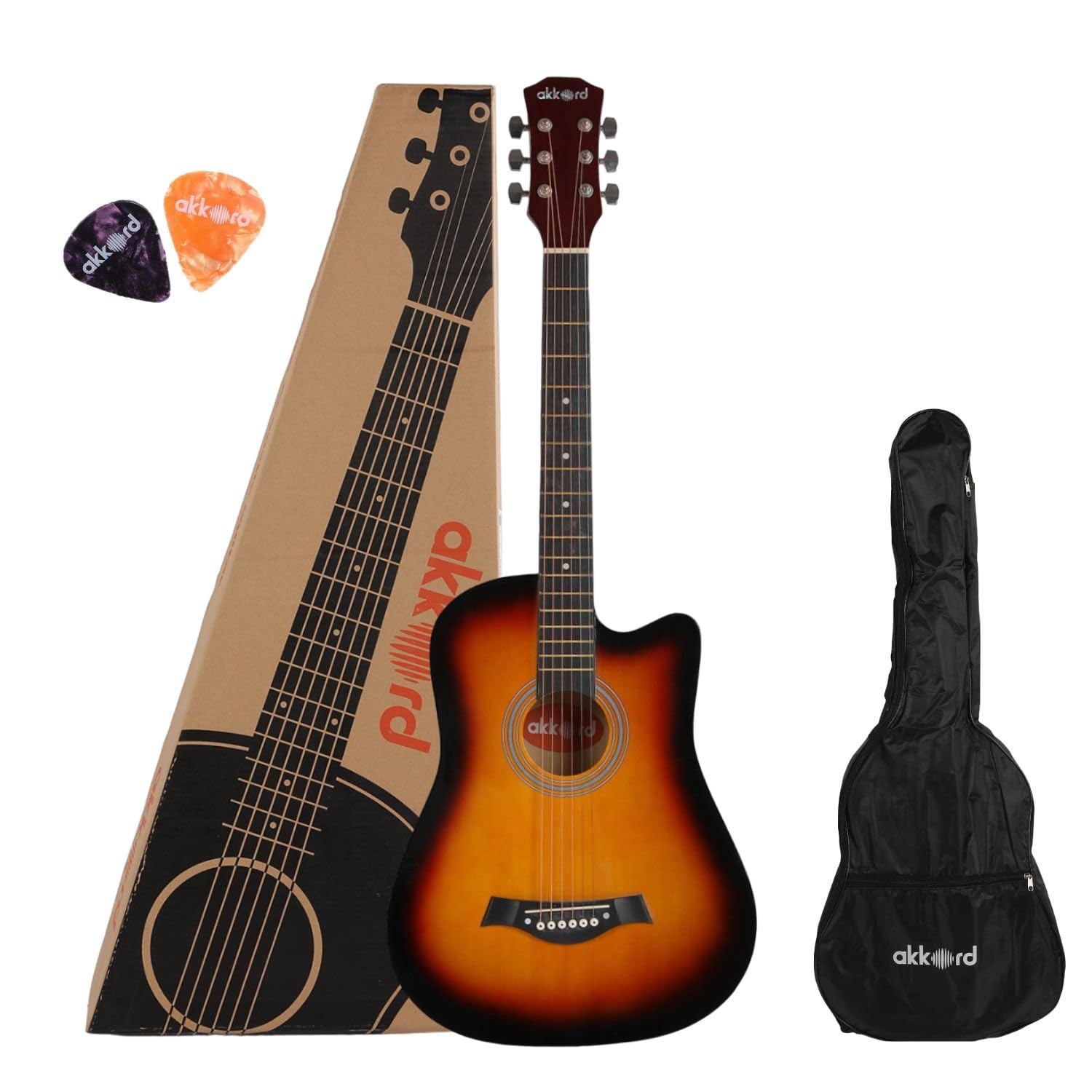 Akkord 38 Inch Acoustic Cutaway Guitar Kit With Gigbag And Picks, Glossy Sunburst