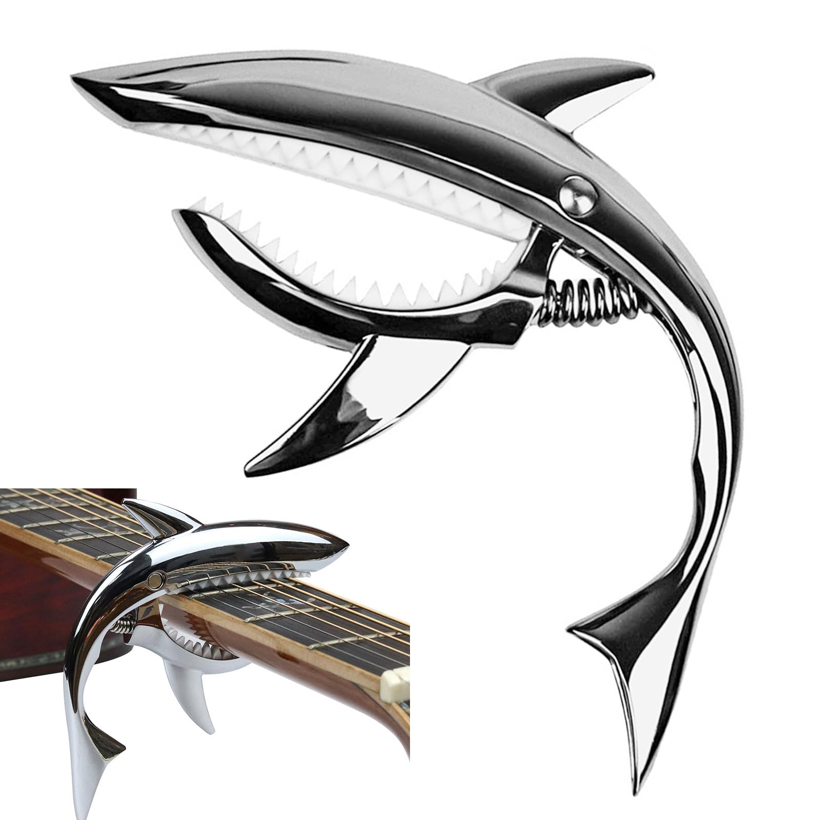 Shark Capo Guitar Capo for Acoustic Guitar 6 String,Durable and Personalized Guitar Accessories (Silver)