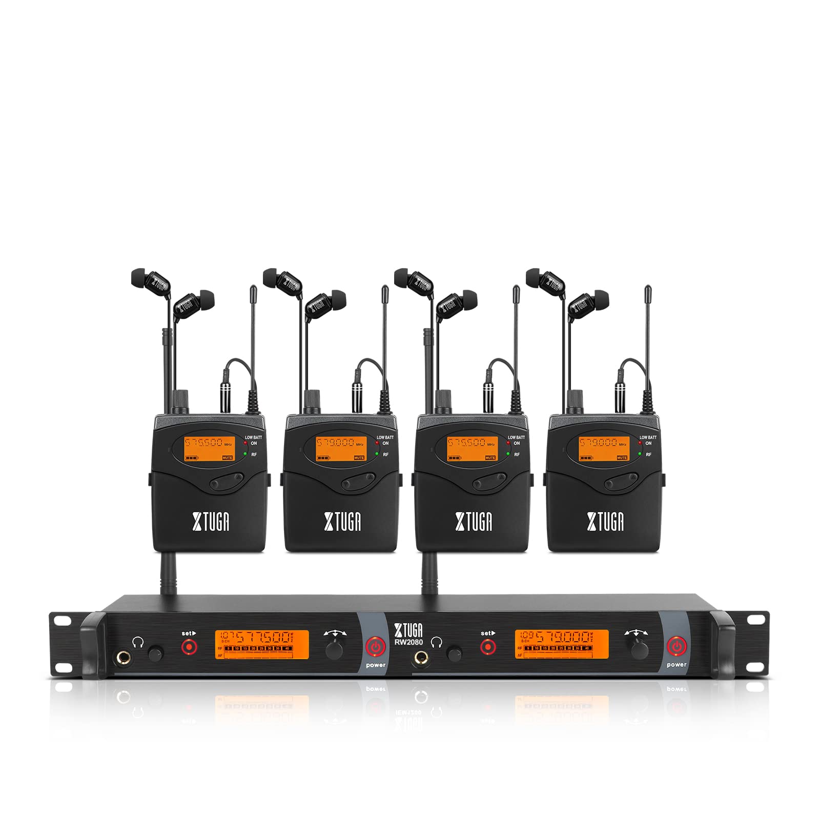 XTUGA RW2080 Wireless in Ear Monitor System 4 Bodypacks UHF IEM System, Dual Channel Mono Design Stage Monitors Earphone with 40