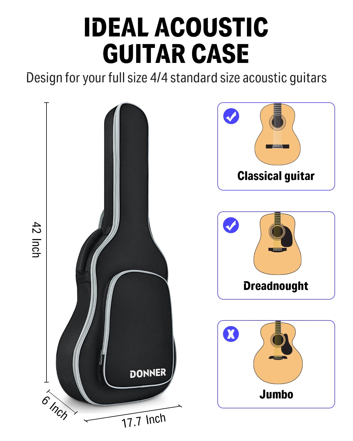 Donner 40 41 Inch Acoustic Guitar Case, 5 mm Thick Padding Sponge 600D Ripstop Waterproof Nylon Soft Acoustic Guitar Bag with Du