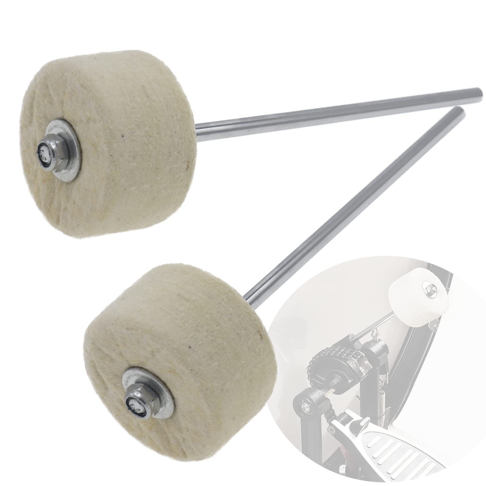 Cheerock 2pcs White Felt Bass Drum Pedal Beater, 180 mm Double Kick Drum Pedals Beater, Stainless Steel Handle Bass Drum Pedal B