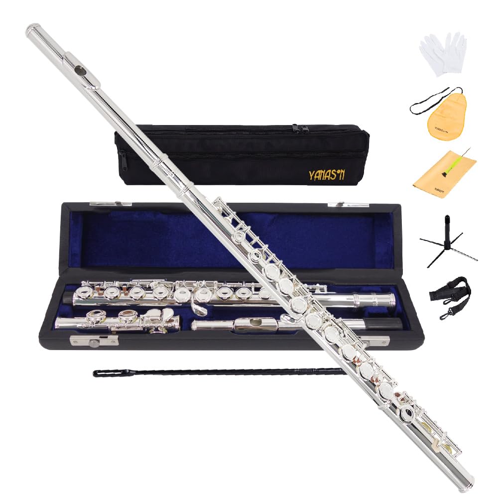 Yanason Closed Hole C Flutes 16 Key Nickel Beginner Student With Carrying Case Gloves Cleaning Rod Adjustment Screws And Cloth (