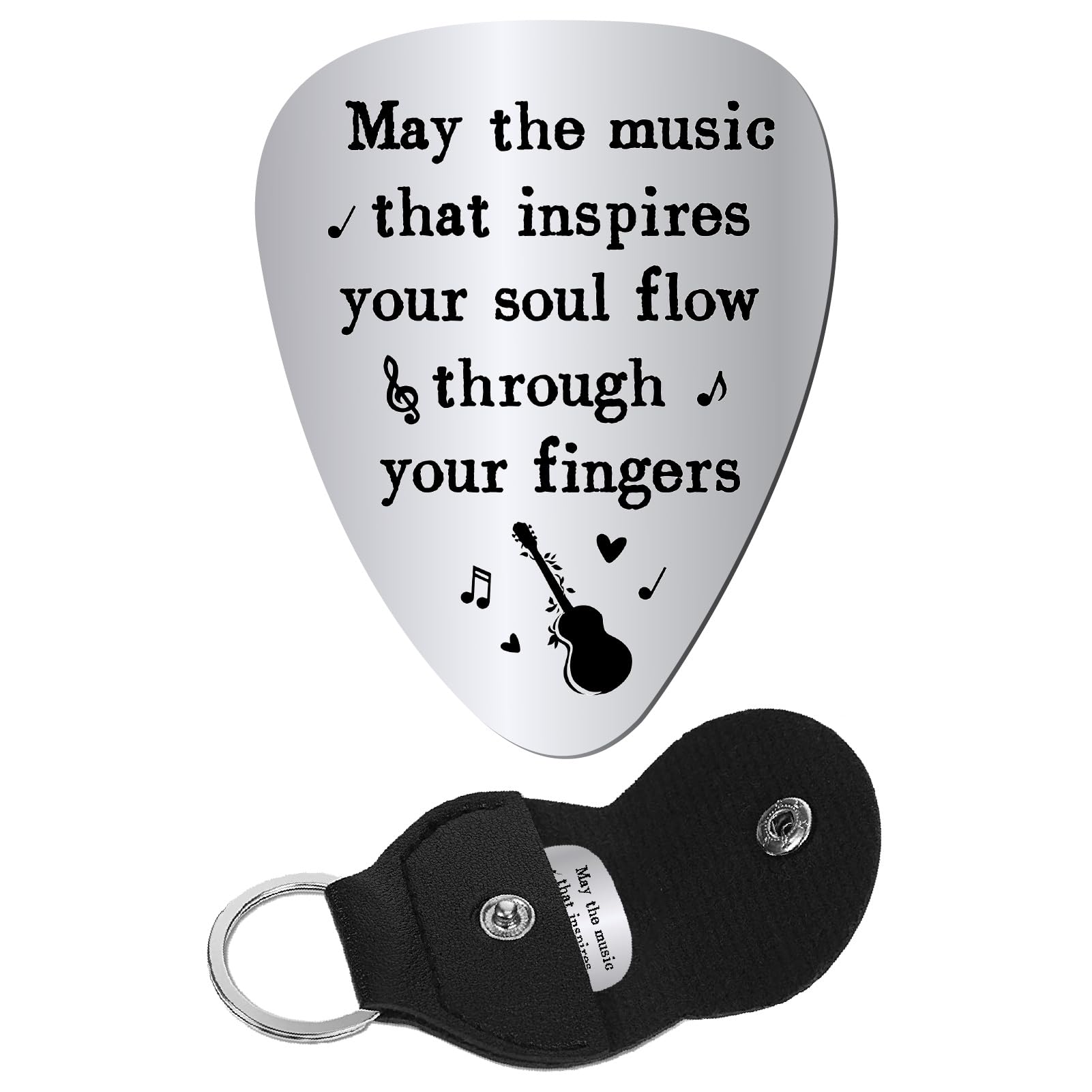CREATCABIN Guitar Plectrums Instrument Pick Stainless Steel Laser Engraved Message Guitar Music Picks with PU Leather Keychain H