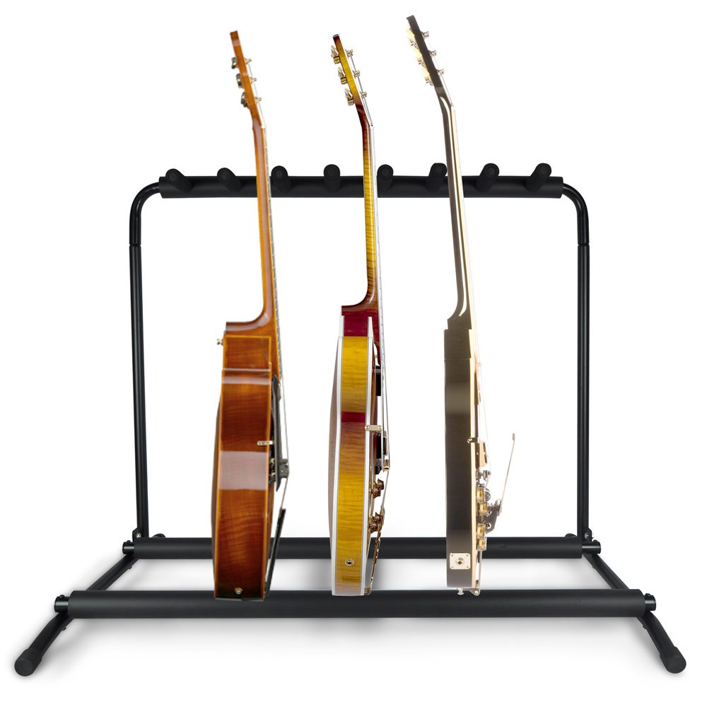 Pyle Multi Guitar Stand 7 Holder Foldable Universal Display Rack - Portable Black Guitar Holder With No Slip Rubber Padding For
