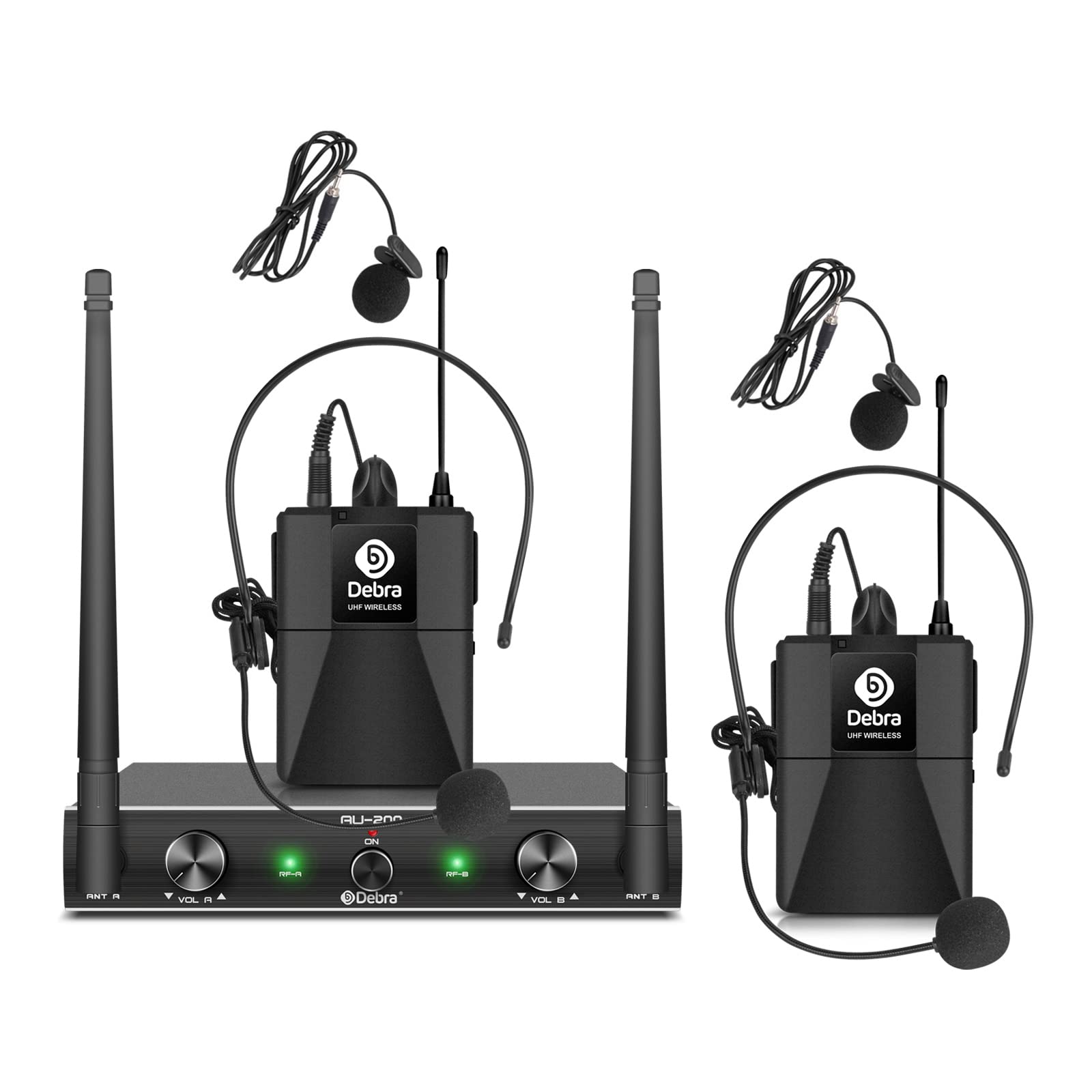 D Debra Audio Au200 Pro Uhf 2 Channel Wireless Microphone System With Cordless Handheld Lavalier Headset Mics, Metal Receiver, F