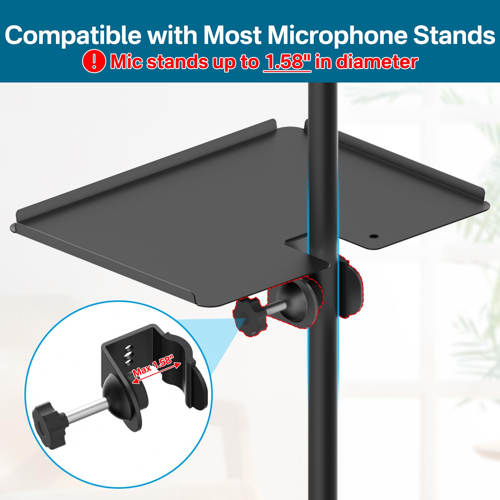 Functional Metal Microphone Stand Tray with Phone Holder - Universal Large Mic Stand Tray Shelf Clamp on Music Stand Tray Attach