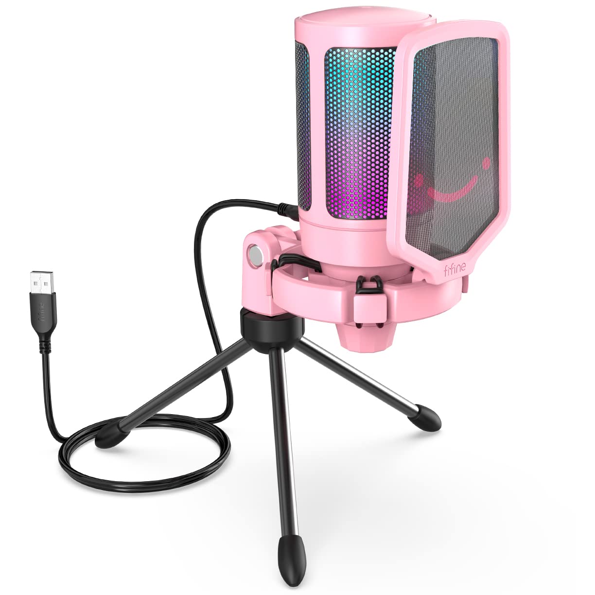 FIFINE USB Gaming PC Microphone for Streaming Podcasts, AmpliGame RGB Computer Condenser Desktop Mic, Cardioid Pattern for YouTu