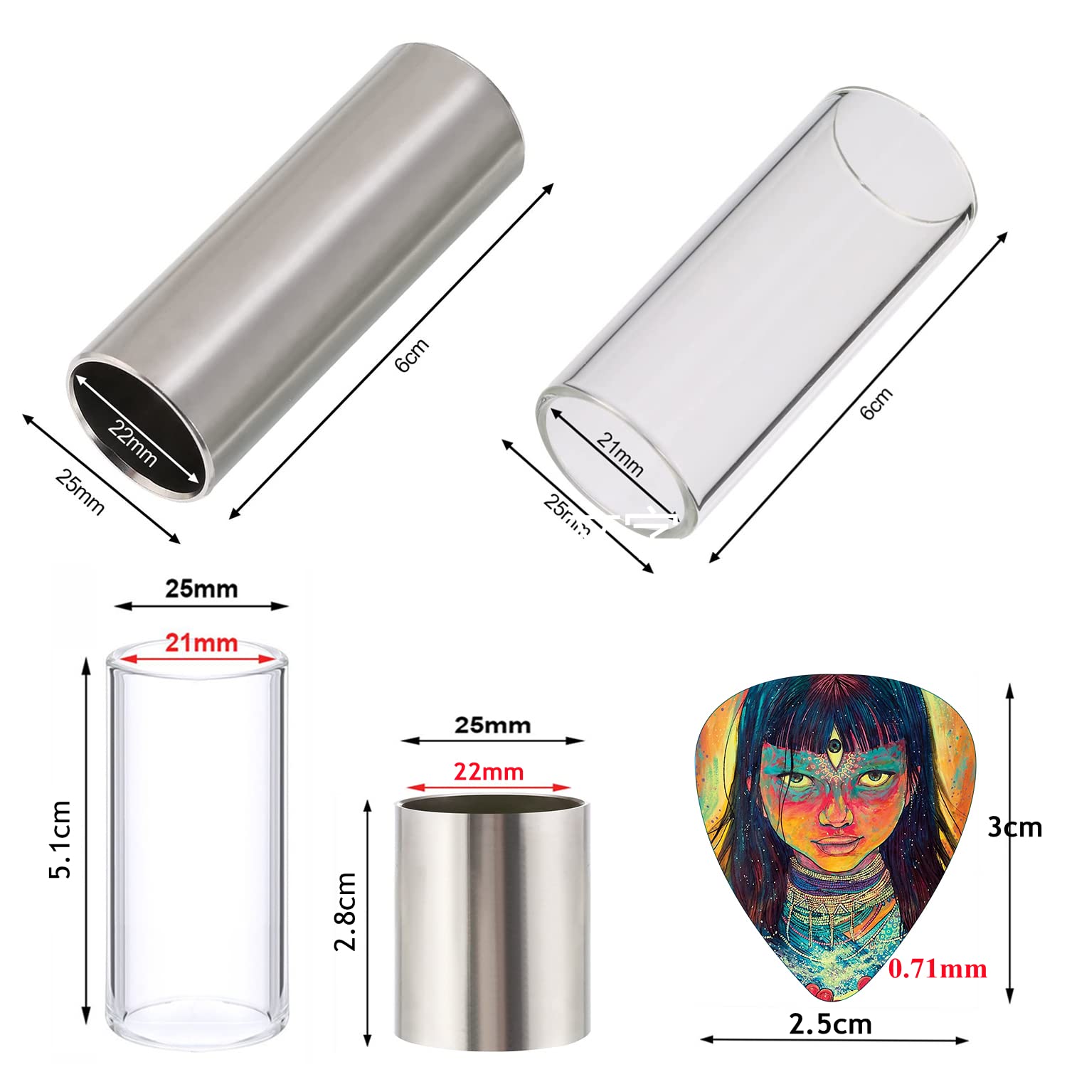 THIVENNY Guitar Slide, Set of 2 Glass Guitar Slide, 1 Steel Guitar Slide, 1 Guitar Slide Ring, with 6 Pieces Artistic Guitar Pic