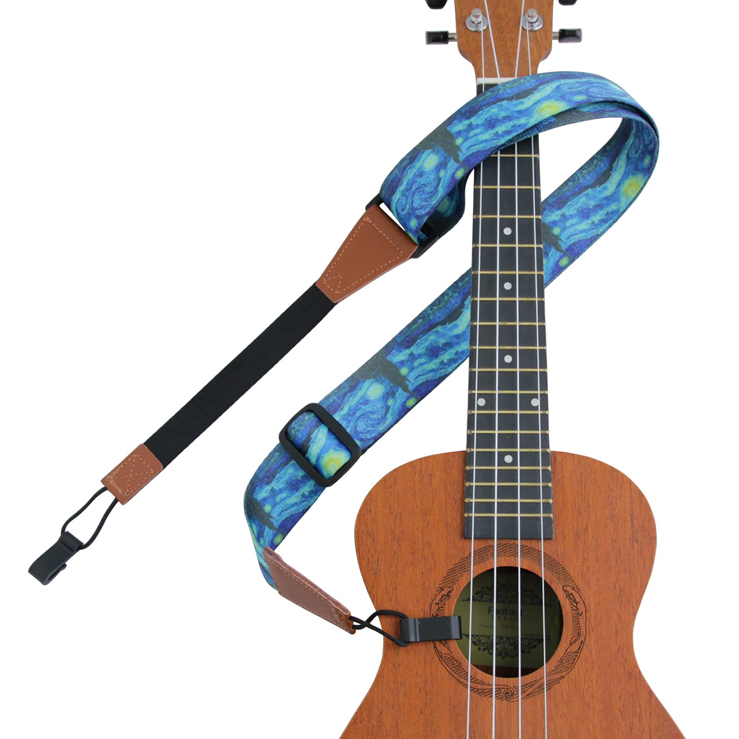 Ukulele Strap No Drill, Starry Night Pattern Woven Ukelele Strap Shoulder with Double J Hooks Clip On, Easy to Use, Adjustable &