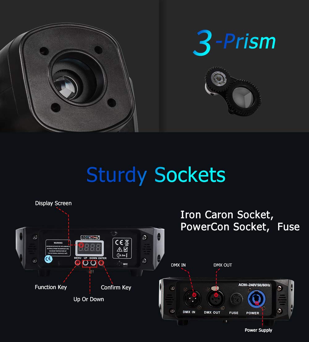 SHEHDS Moving Head Light LED 80W Spotlights with 8 Colors 8 Gobos DJ Lights 3-Facet Rotatable Prism Electronic Focus Sound Activ