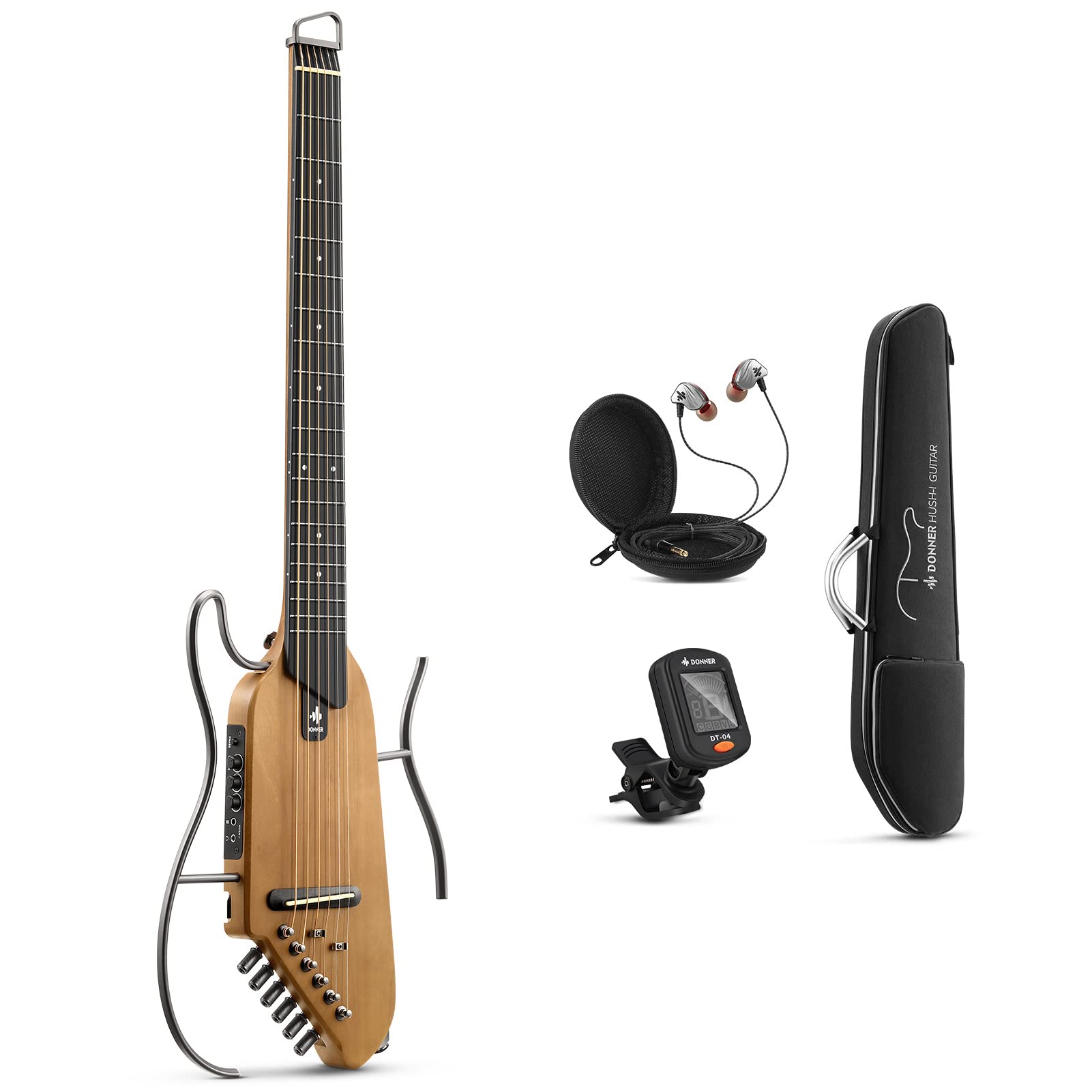 Donner Hush-I Guitar For Travel - Portable Ultra-Light And Quiet Performance Headless Acoustic-Electric Guitar, Maple Body With