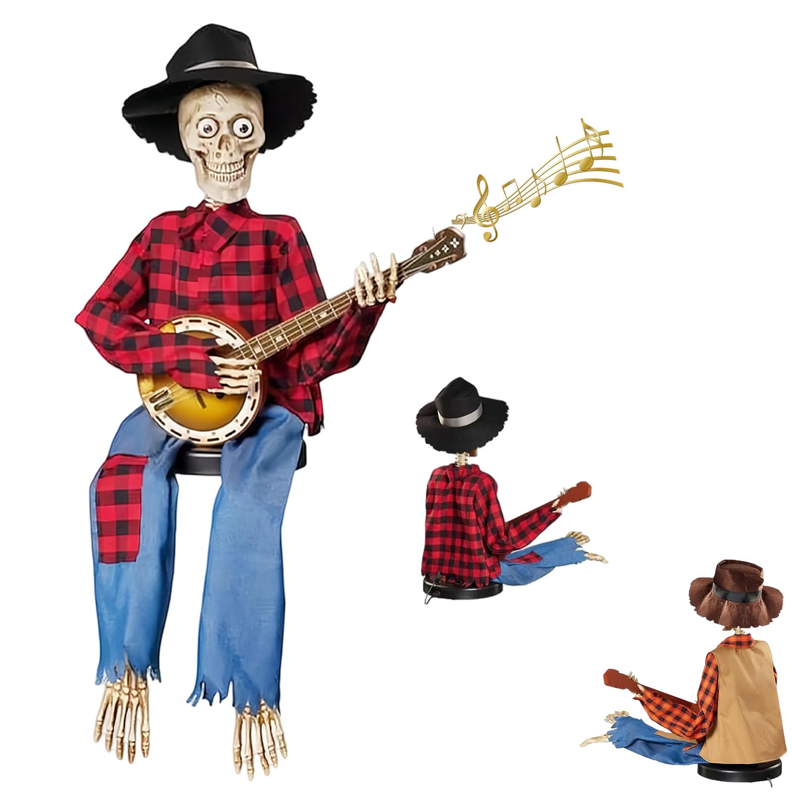 Dueling Banjo Skeletons, Funny Animated Halloween Animated Banjo Skeletons with Light Eyes,Halloween Guitar Skull Decoration Orn