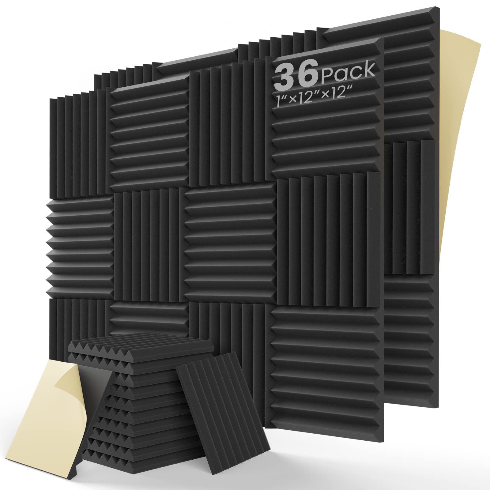 Leiyer Upgrade 36 Pack Sound Proof Foam Panels With Self-Adhesive, 1'' X 12'' X 12'' Quick-Recovery Acoustic Panels, Acoustic Fo