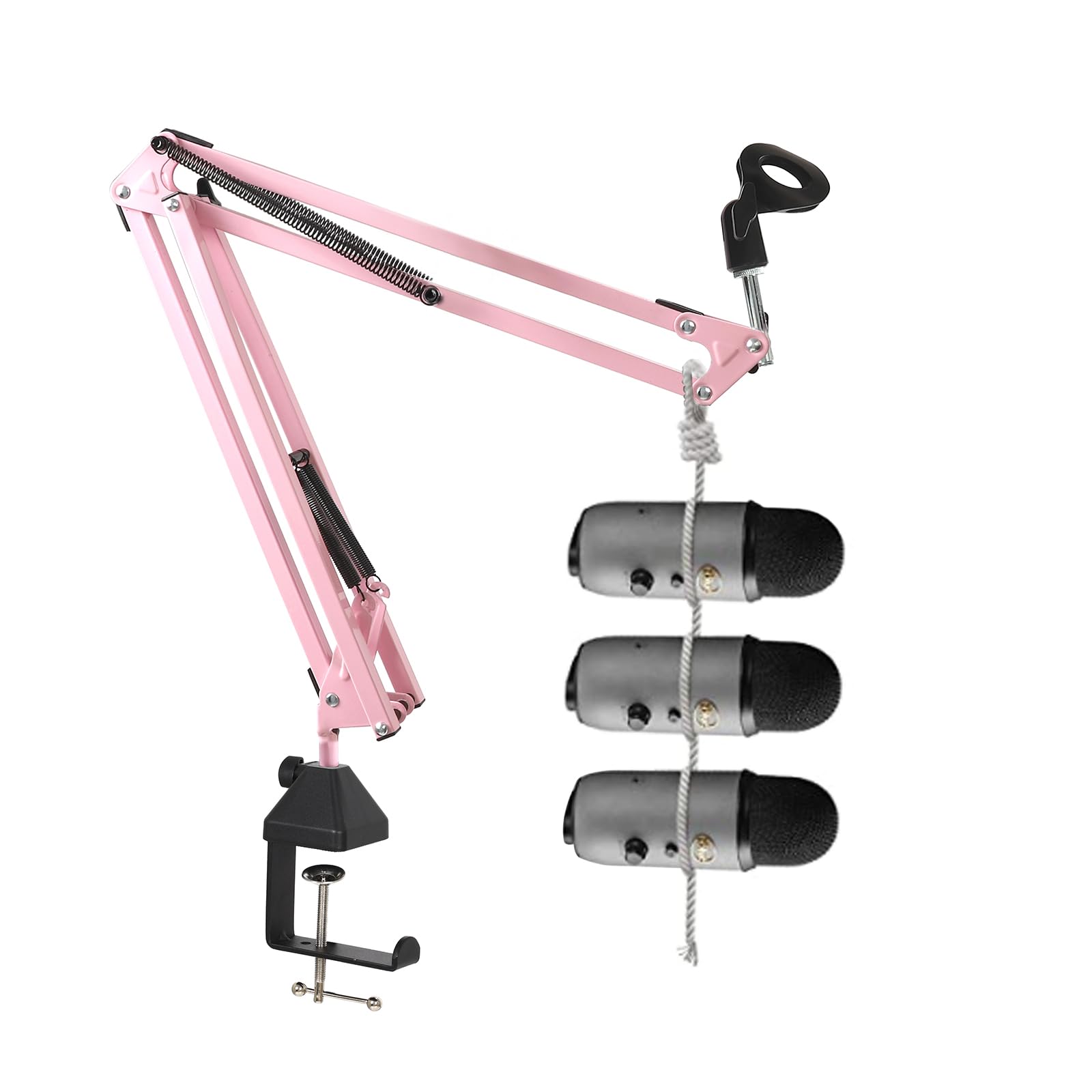 Pink Microphone Stand, Mic Boom Arm Suspension Scissor with Shock Mount Microphone Clip Holder Upgraded Desk Clamp for Blue Yeti