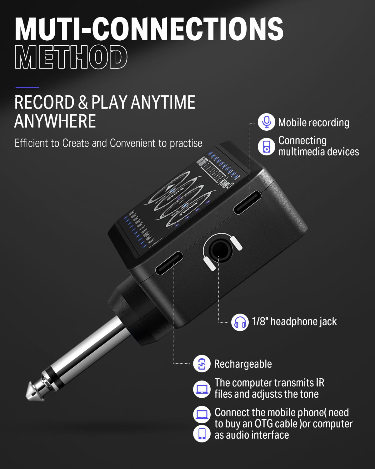 Donner Guitar Headphone Amp Mini Turbo with 10 Amp Models Tuner USB Rechargeable Multi-Effects Delay Reverb Chorus Overdrive Min