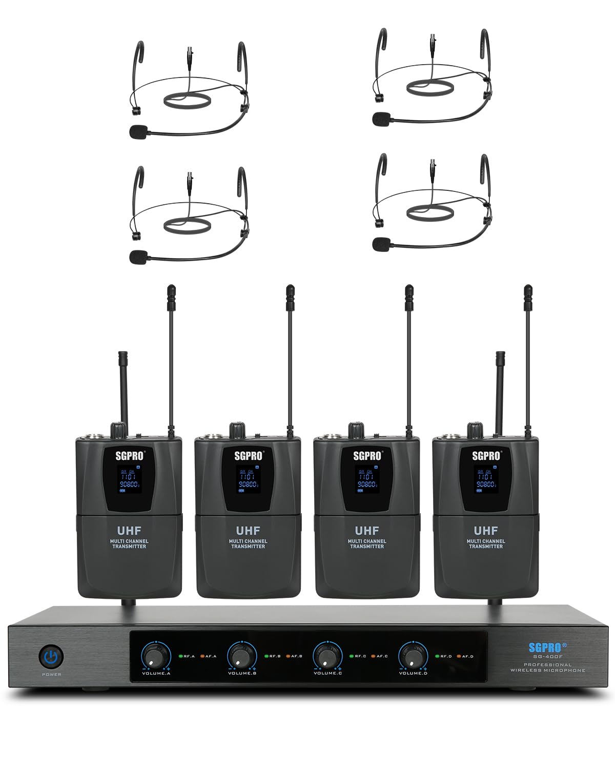 Sgpro 4-Channel Wireless Microphone System - 250Ft Range, Metal Mics & Receiver, Fixed Frequency, 3 Handheld/Headset Configurati