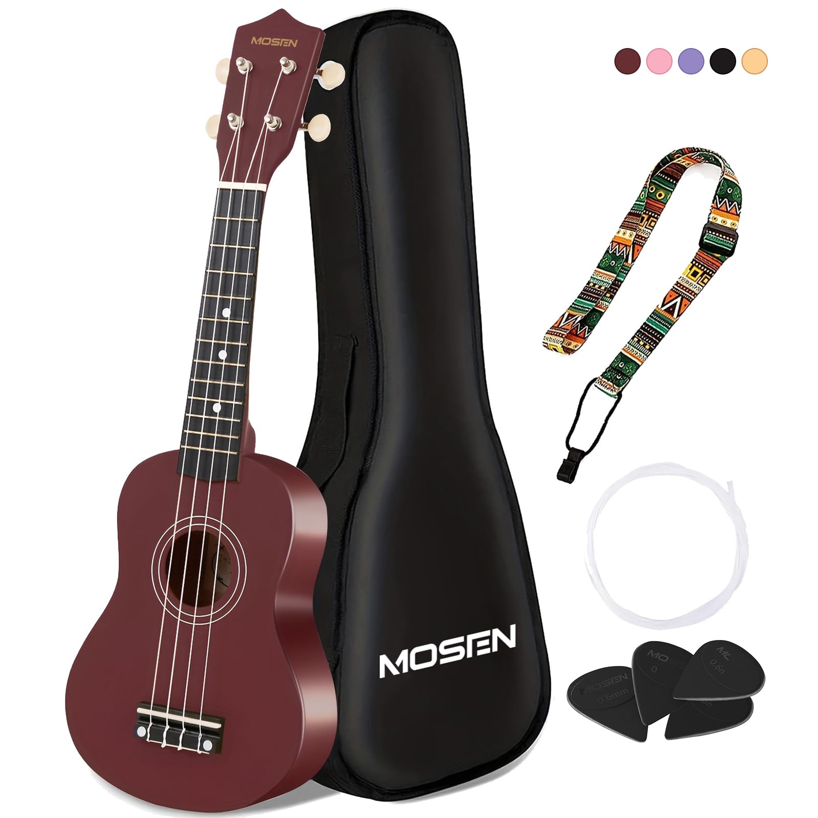 MOSEN Ukulele for Beginners 21 Inch All in One Kit Beginner Professional Ukulele Including Straps, Strings, and Paddles (Brown)