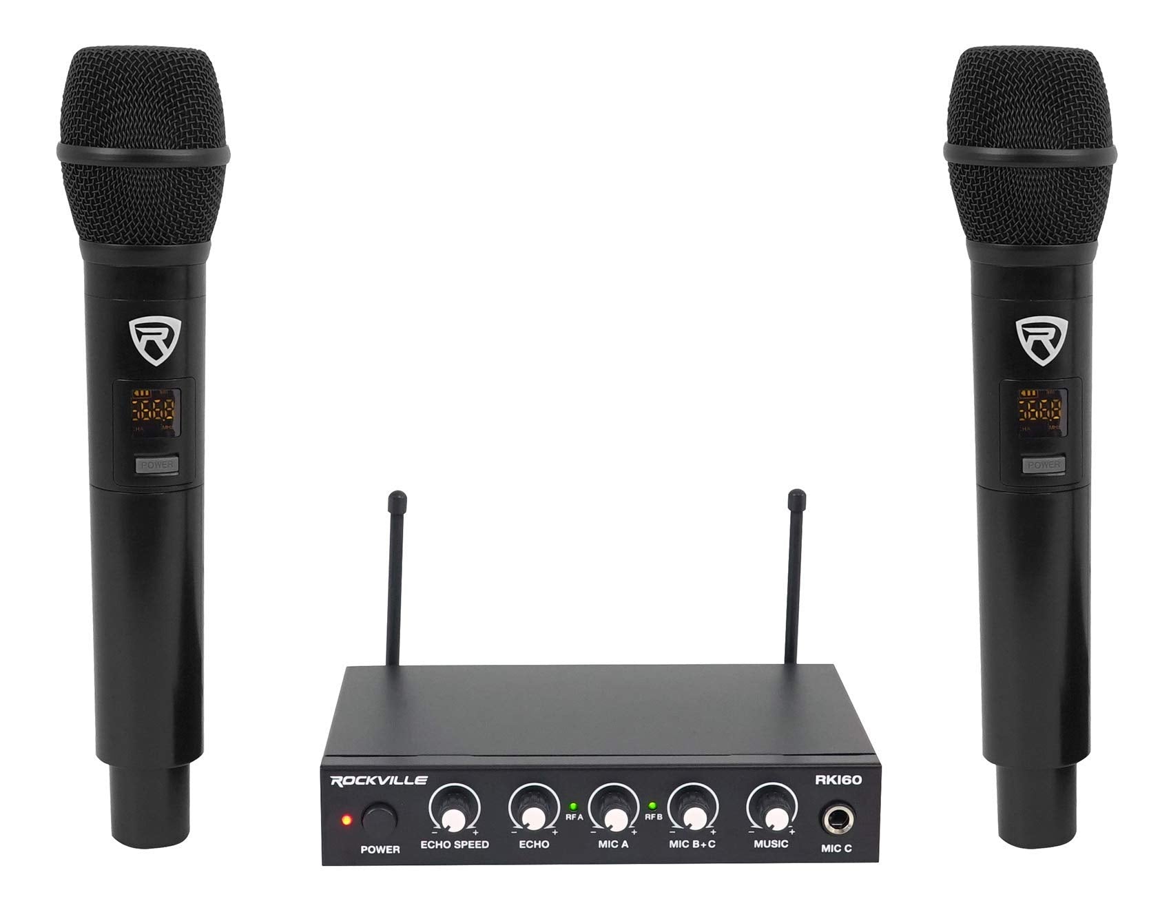 Rockville RKI60 Dual UHF 8 Chan Wireless Microphone Karaoke Interface+Mic Mixer