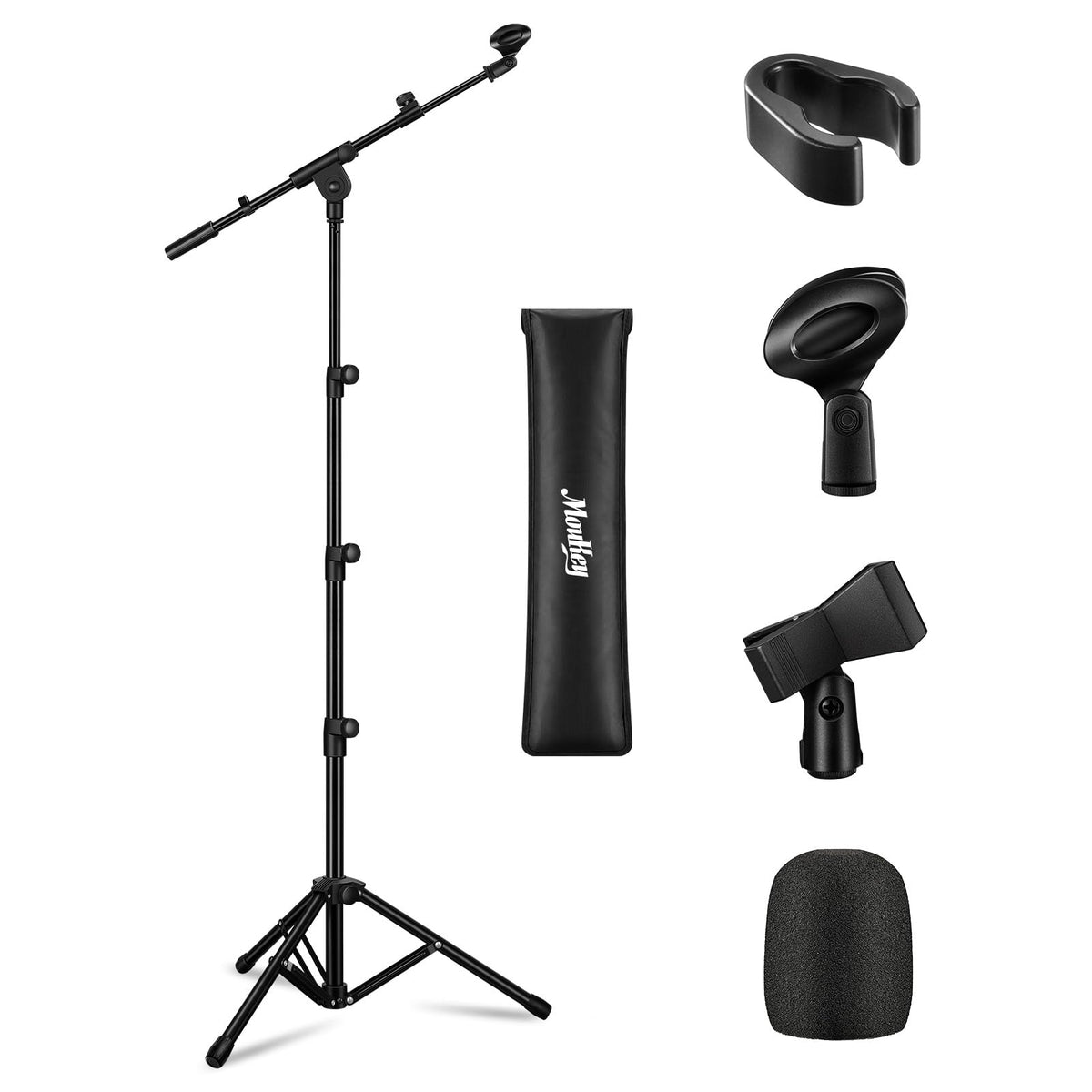 Moukey Microphone Stand, Tripod Boom Arm Floor Mic Stand, Height Adjustable, Dual-Use, With 2 Mic Clips, Foam Cover, 4 Cable Hol