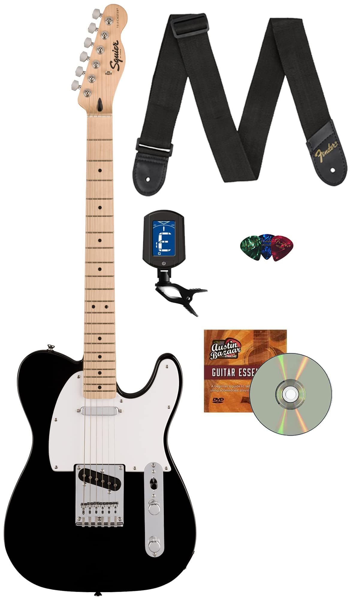 Fender Squier Sonic Telecaster - Black Bundle With Tuner, Strap, Picks, And Austin Bazaar Guitar Dvd