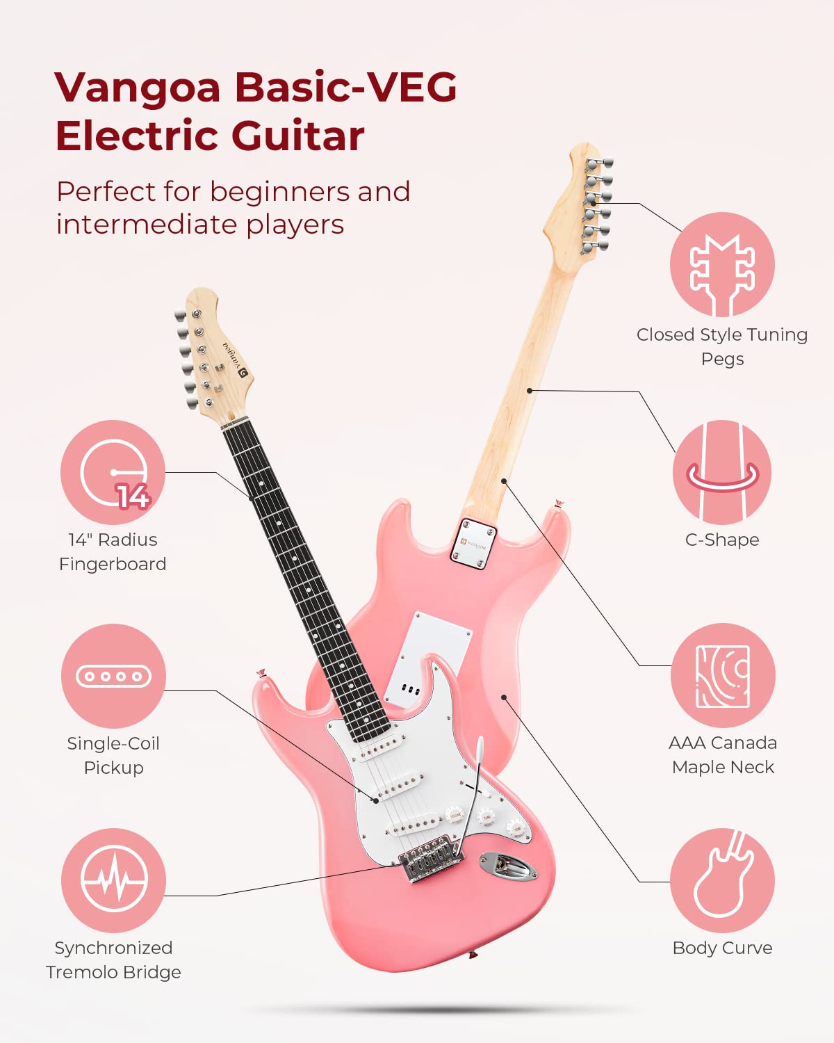 Vangoa 39 Inch Full Size Electric Guitar Beginner Kit Solid Body Pink with Amp, Package with Bag, Tremolo Bar, Strings, Tuner, P