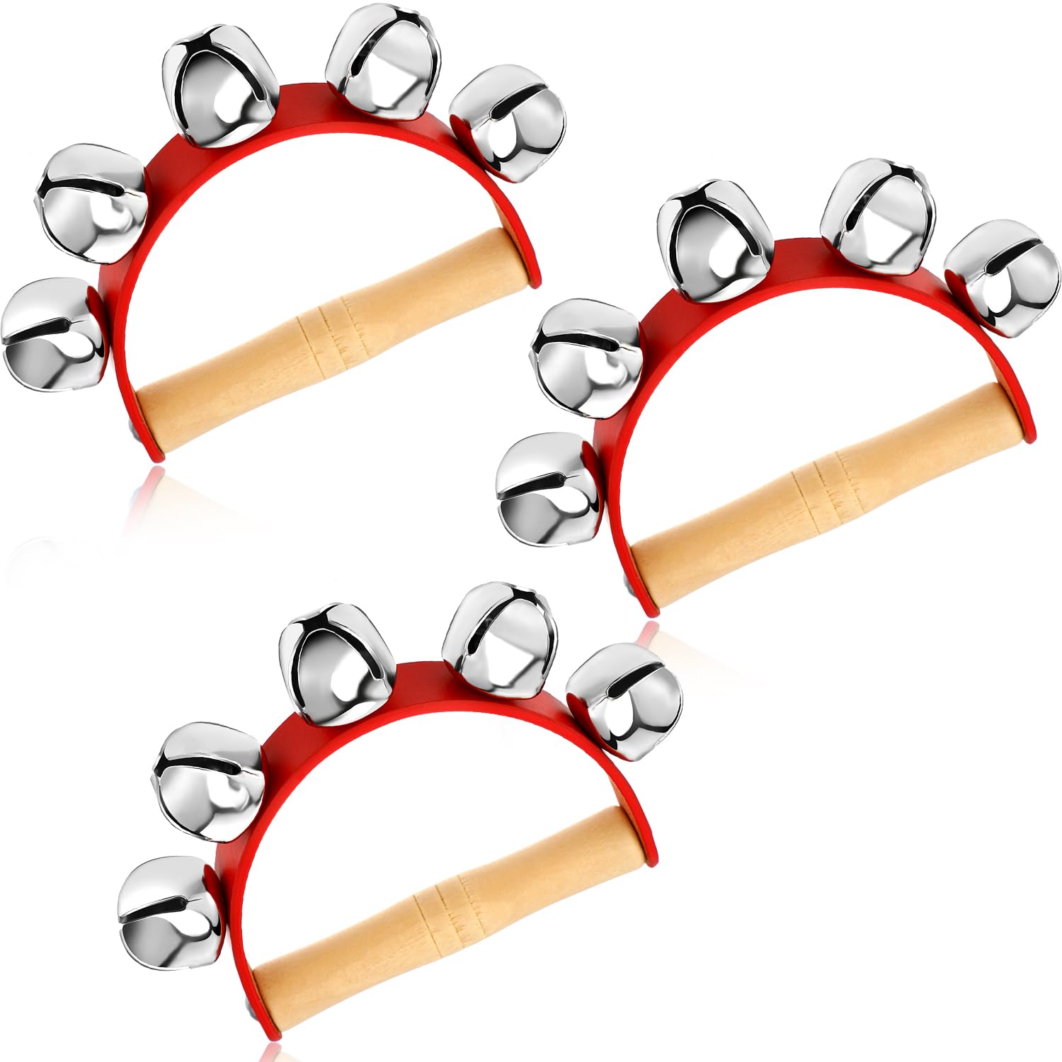 3 Pieces Red Christmas Sleigh Bells Jingle Gold Musical Instrument Wooden Handle Bells for Valentines(5 Bells)