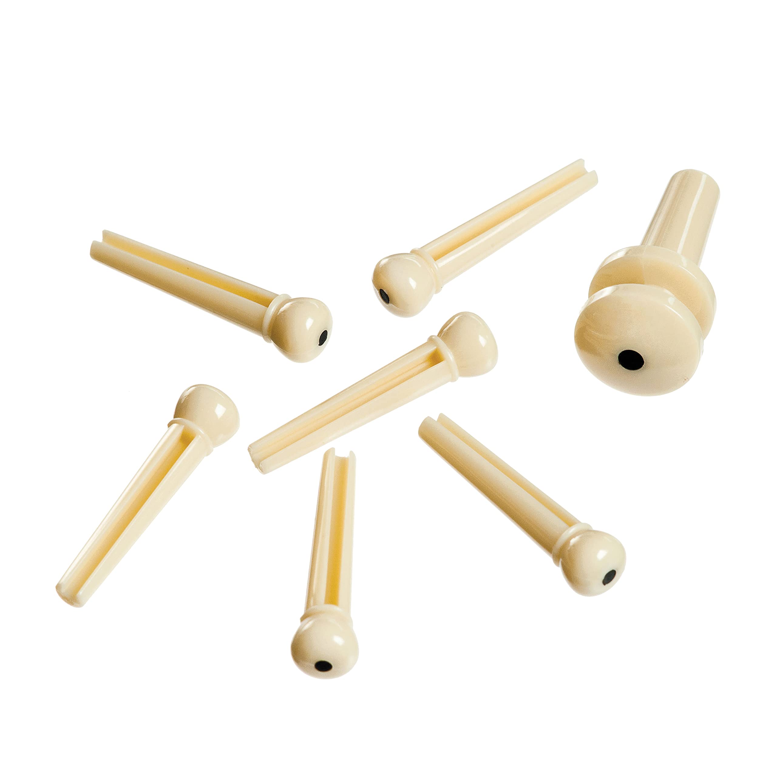 D'Addario Accessories Injected Molded Bridge Pins With End Pin, Set Of 7, Ivory With Black Dot