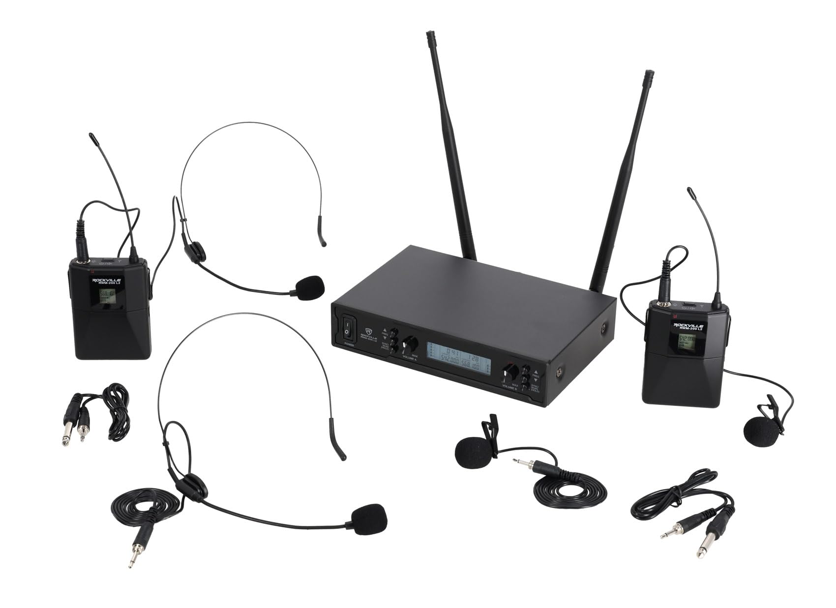 Rockville RWM-200 L2 Dual UHF Beltpack Wireless Microphone System, Lavalier & Headset Mics, 200 Channels, 3 Band EQ, Echo