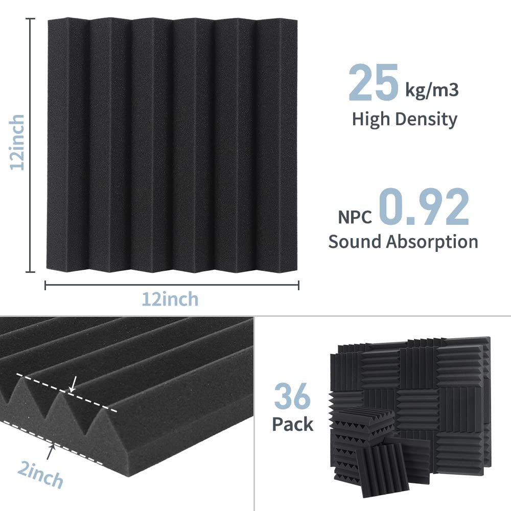 Sound Proof Foam Panels - 12 x 12 x 2 Inches 36 Pack Wedges Acoustic Foam Panels Sound Proofing Padding for Walls and Ceiling Hi
