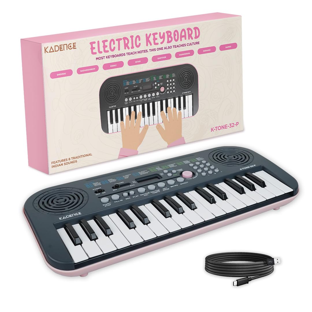 Kadence K-Tone Mini Pink Keyboard - 32 Keys, 128 Tones including 15 Realistic Voices & 8 Indian Instruments, 128 Rhythms, 30 Dem