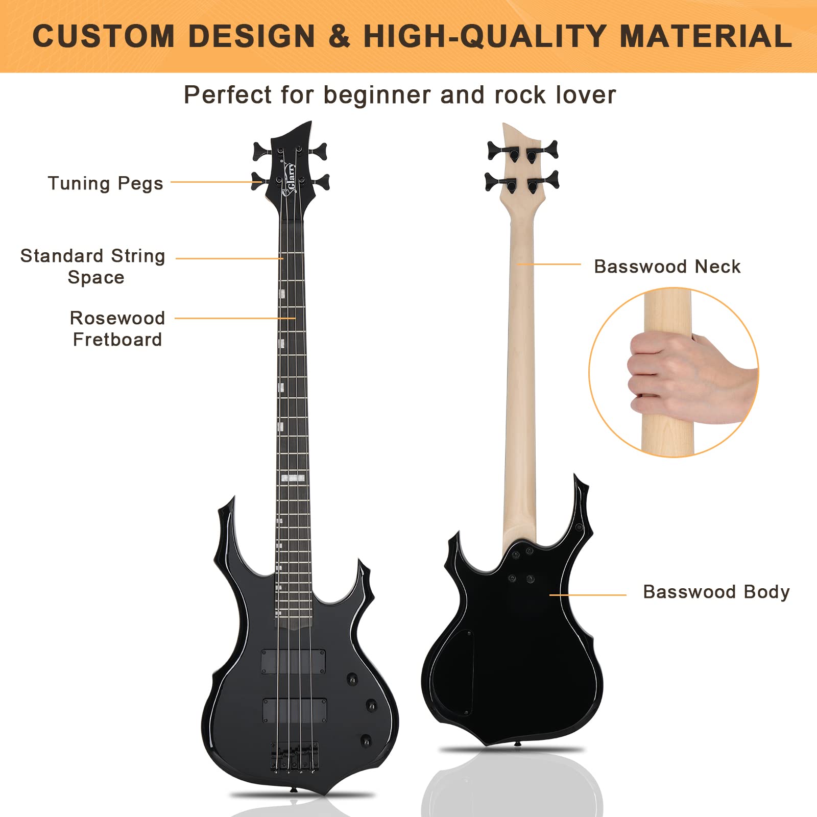 GLARRY Electric Bass Guitar 4 Strings Buring Fire Style HH Pickups for Beginner Adults Right Hand Amp Cable, Bag, Strap and Cord