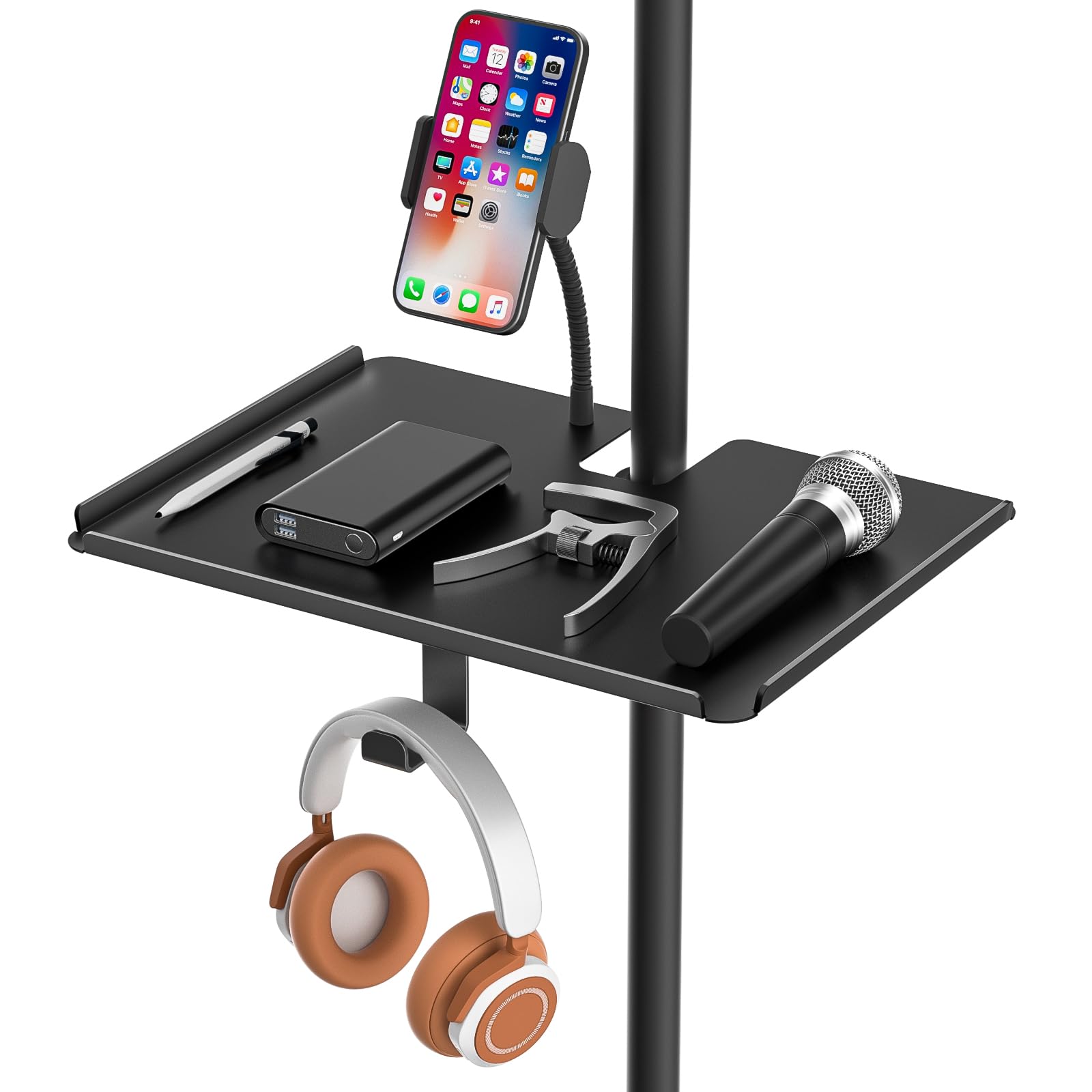 Functional Metal Microphone Stand Tray With Phone Holder - Universal Large Mic Stand Tray Shelf Clamp On Music Stand Tray Attach