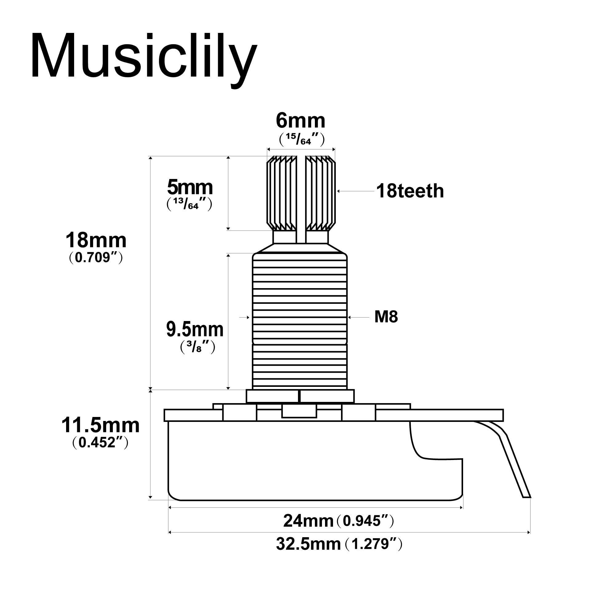 Musiclily Pro HD B500K Full Brass Metric Coarse 18-Spline Split Shaft Pot Linear Taper Potentiometer for Electric Guitar Bass