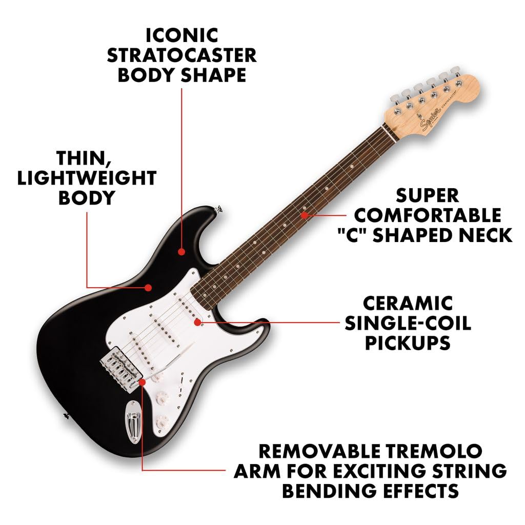 Fender Squier Debut Series Stratocaster Electric Guitar, Beginner Guitar, with 2-Year Warranty, Includes Free Lessons, Black wit