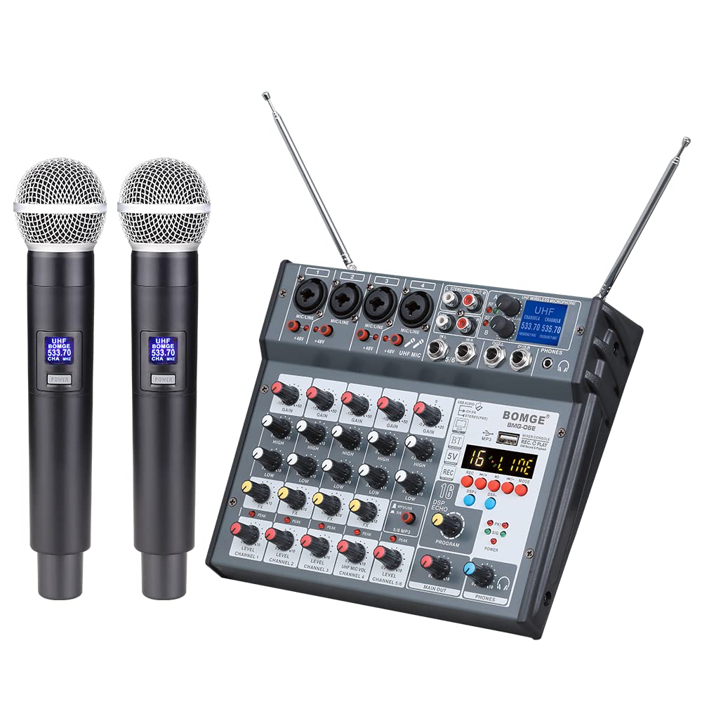 BOMGE 6 channel Audio DJ Console Mixer with Dua UHF Wireless Microphone,USB, Bluetooth, 48V phantom,16 Echo/Delay for Home Studi