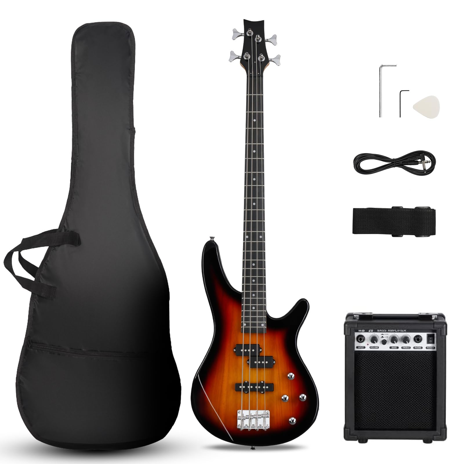 Ktaxon Electric Bass Guitar 4 String Bass Guitar With 20 Watt Amplifier, Pj Type Pickup, Naturally Air-Dried Maple Neck, Rosewoo