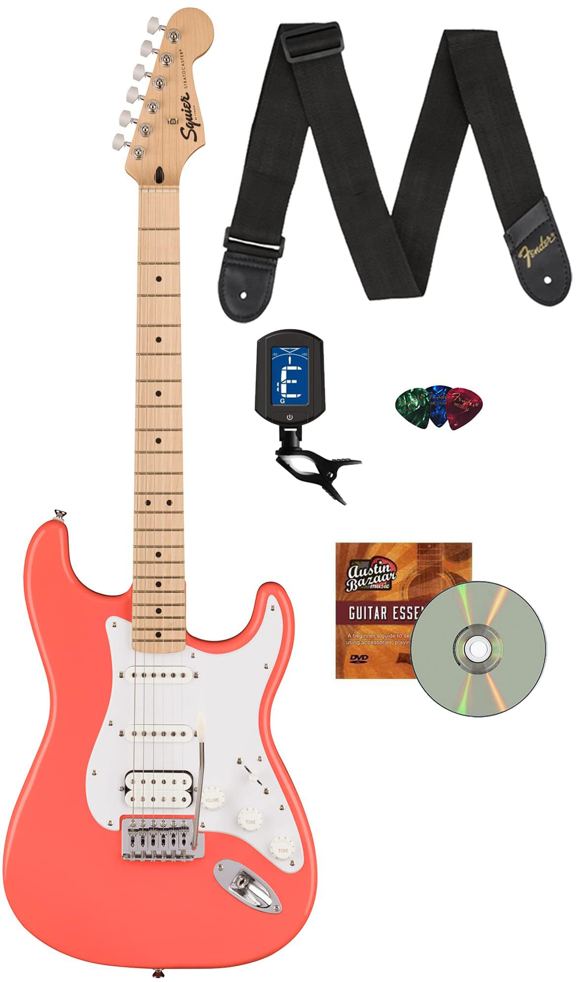 Fender Squier Sonic Stratocaster Hss - Tahititan Coral Bundle With Tuner, Strap, Picks, And Austin Bazaar Guitar Dvd