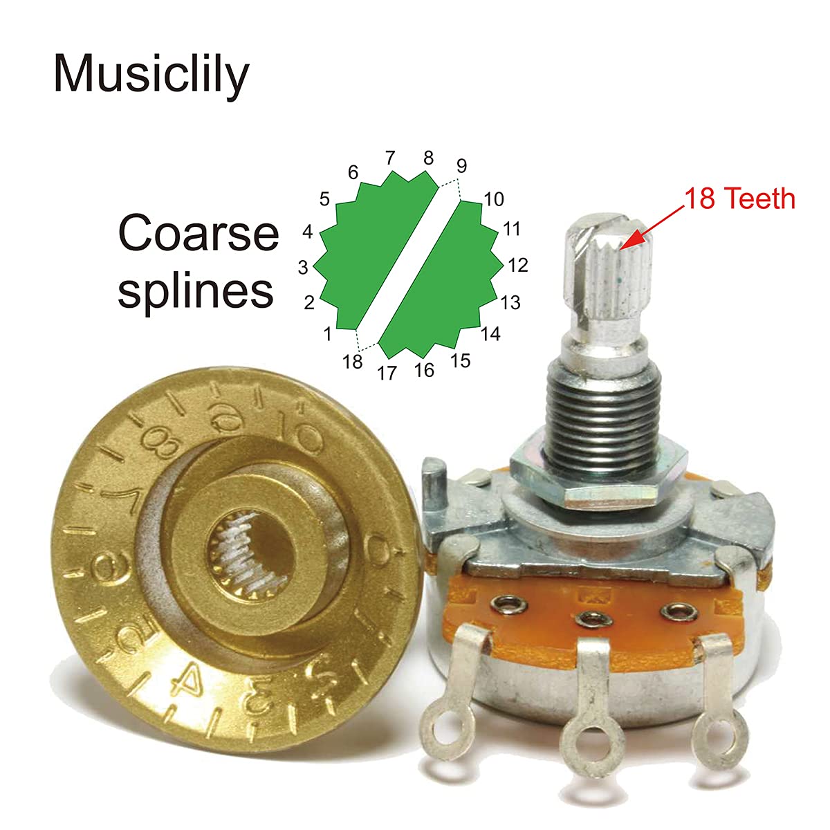 Musiclily Pro HD A500K Full Brass Metric Coarse 18-Spline Split Long Shaft Pot Audio Taper Potentiometer for Electric Guitar Bas
