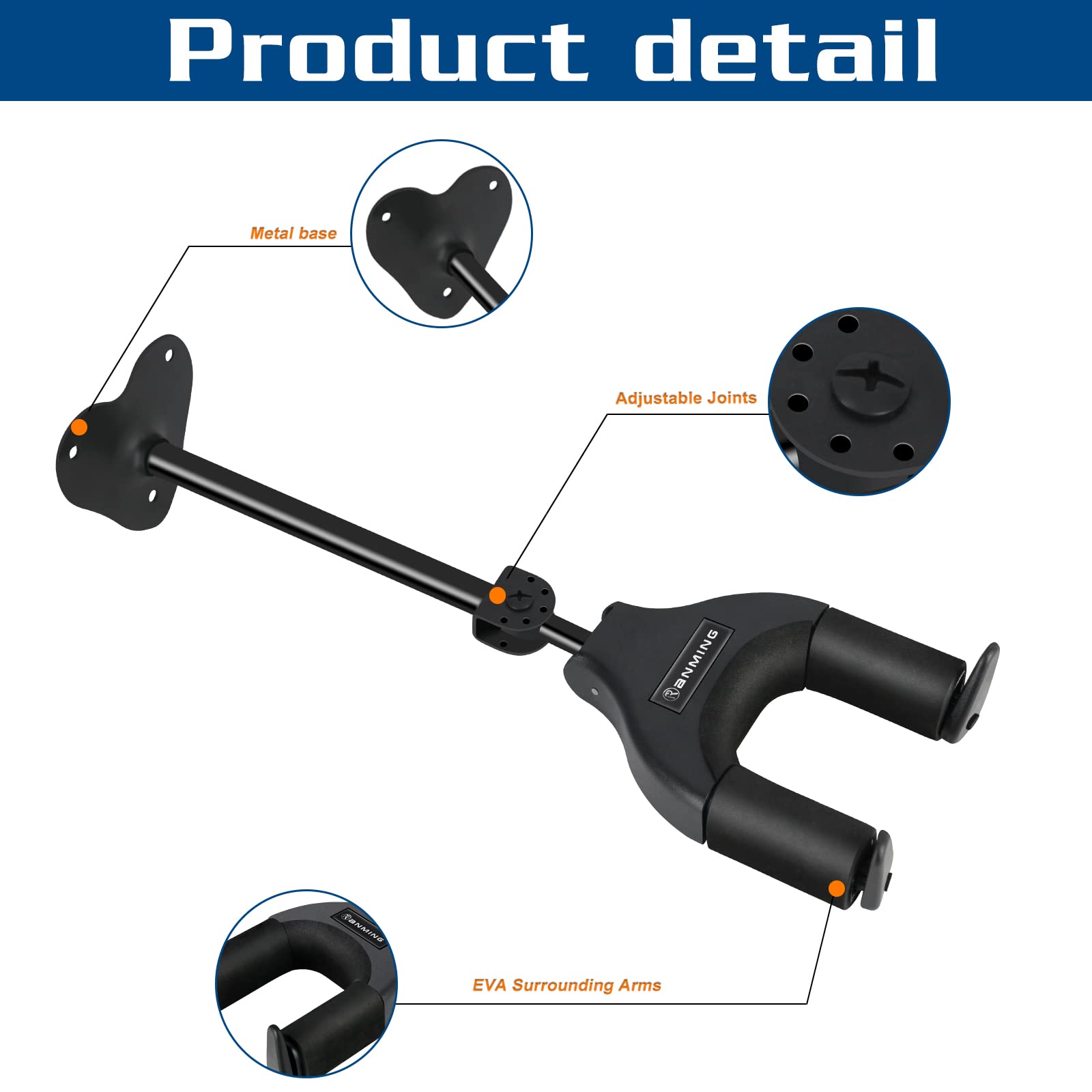 RANMING Guitar Wall Hook Hanger ,Metal Base Wall Mount Hangers, lengthen Auto Locking Guitar Hangers accommodates many styles in