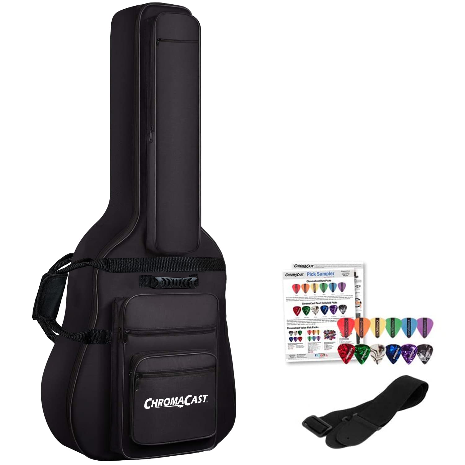 Chromacast Acoustic Guitar 6-Pocket Padded Gig Bag With Guitar Strap And Pick Sampler