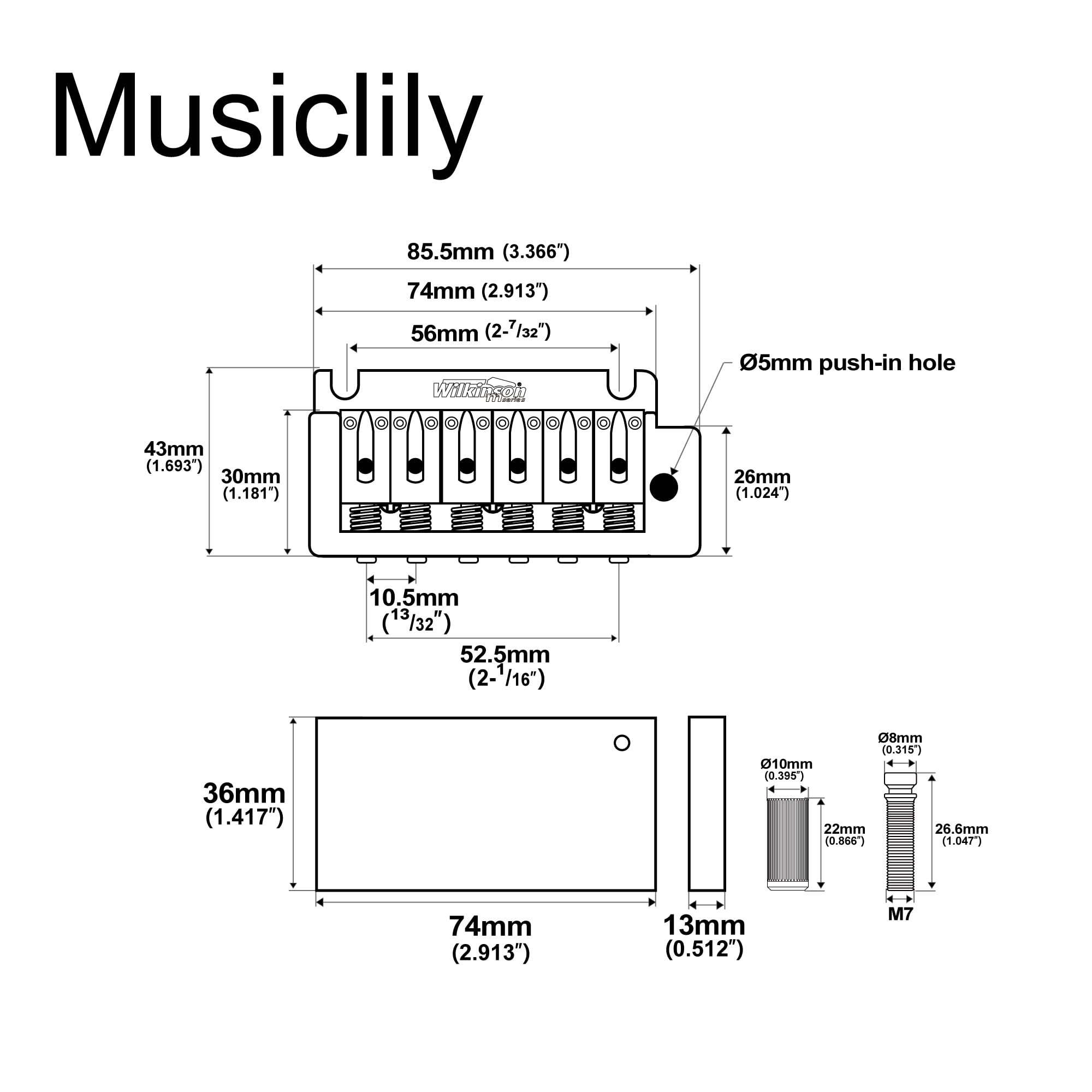 Wilkinson WOV08 52.5mm (2-1/16 inch) 2-Point ST Guitar Tremolo Bridge for Fender Strat American Standard or Professional Electri