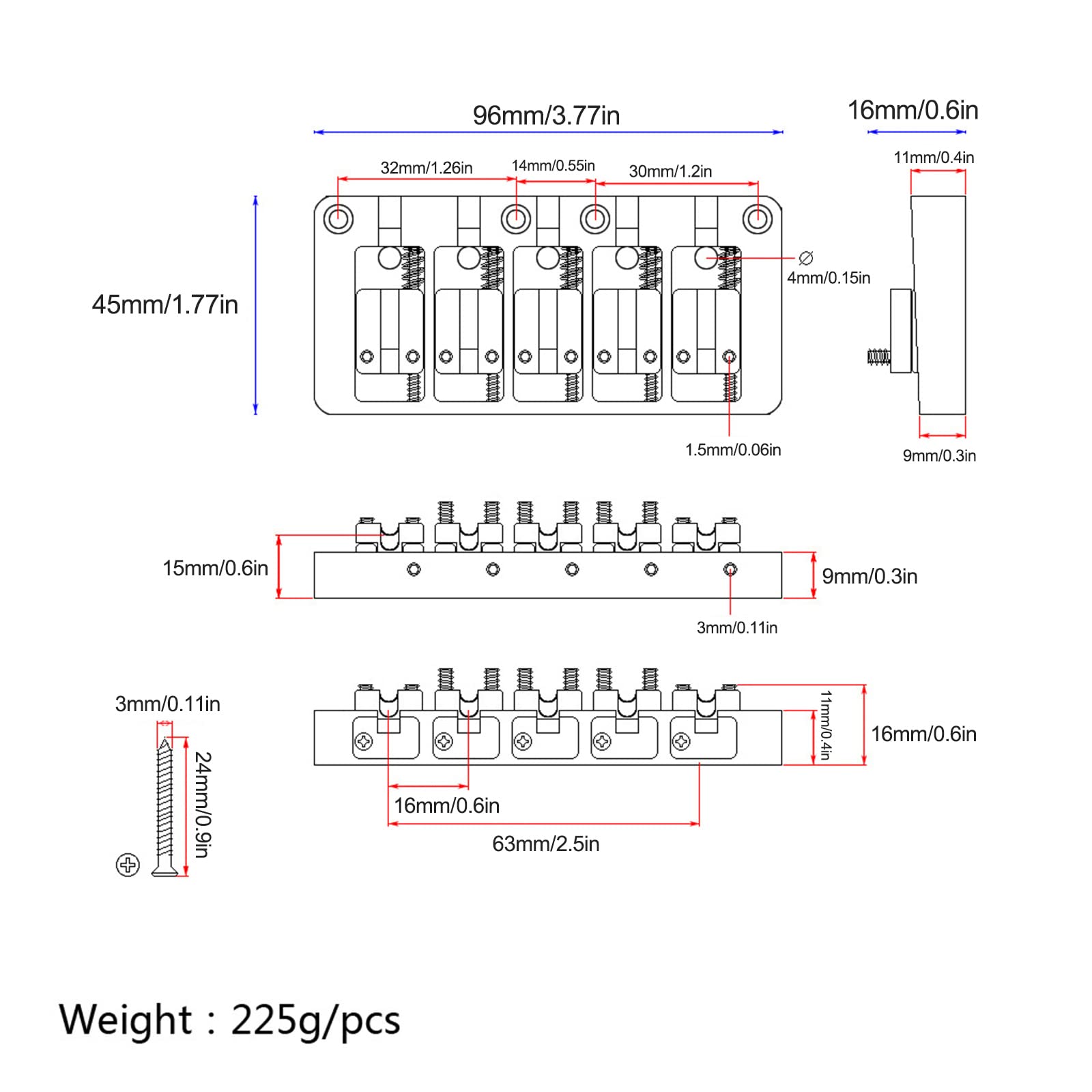 Swhmc 5 String Bass Bridge with Locking Zinc Saddles Dual Load Type Bridge for Jazz Bass or Precision Electric Instruments (Chro