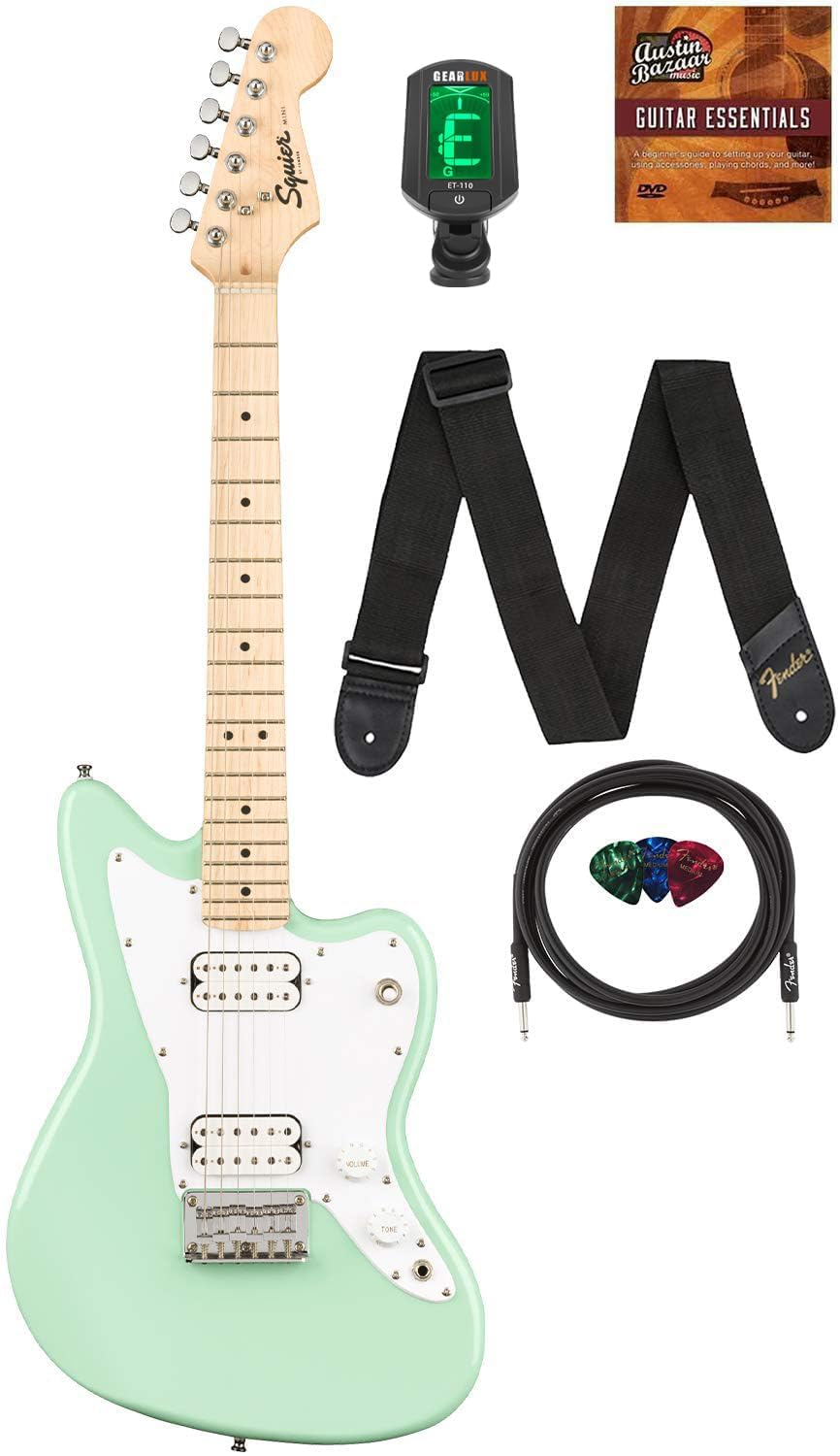 Fender Squier 3/4-Size Kids Mini Jazzmaster Electric Guitar - Surf Green Bundle with Instrument Cable, Tuner, Strap, Picks, and 
