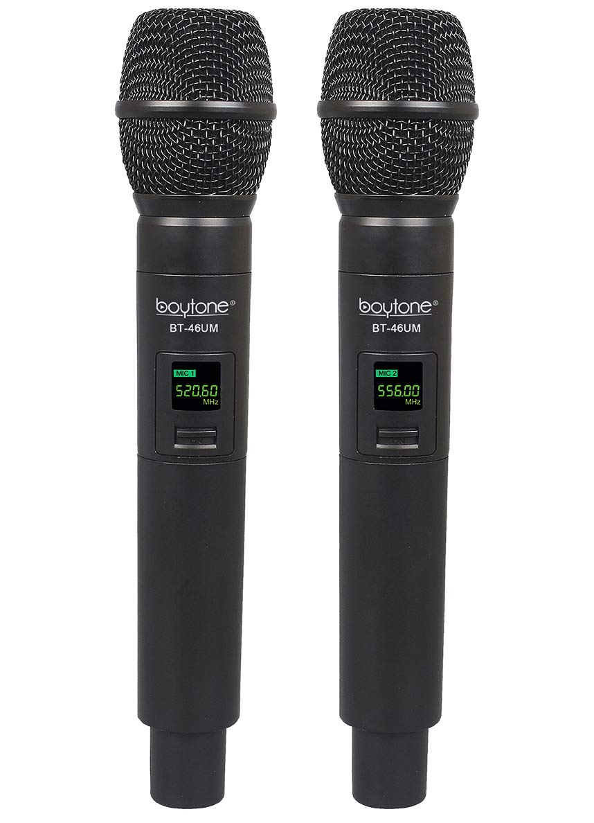 Boytone BT-46UM Wireless Microphone System, Dual UHF Cordless Mic Set, Long Distance 150-200Ft,16 Hours Continuous, Fixed Freque