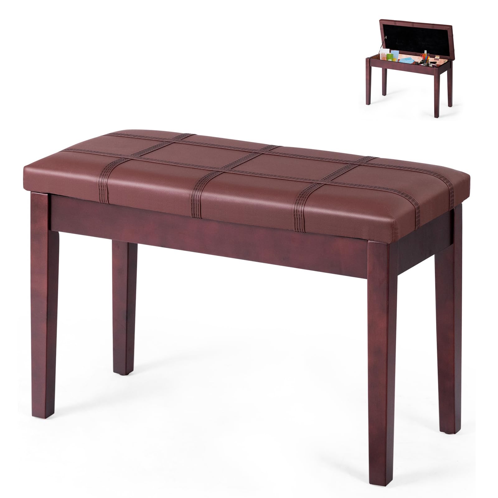 OFFICEJOY Piano Bench, Solid Wood Keyboard Bench w/Storage Compartment, Exquisite Leg & Thick Cushion, Classical Elegant Piano S