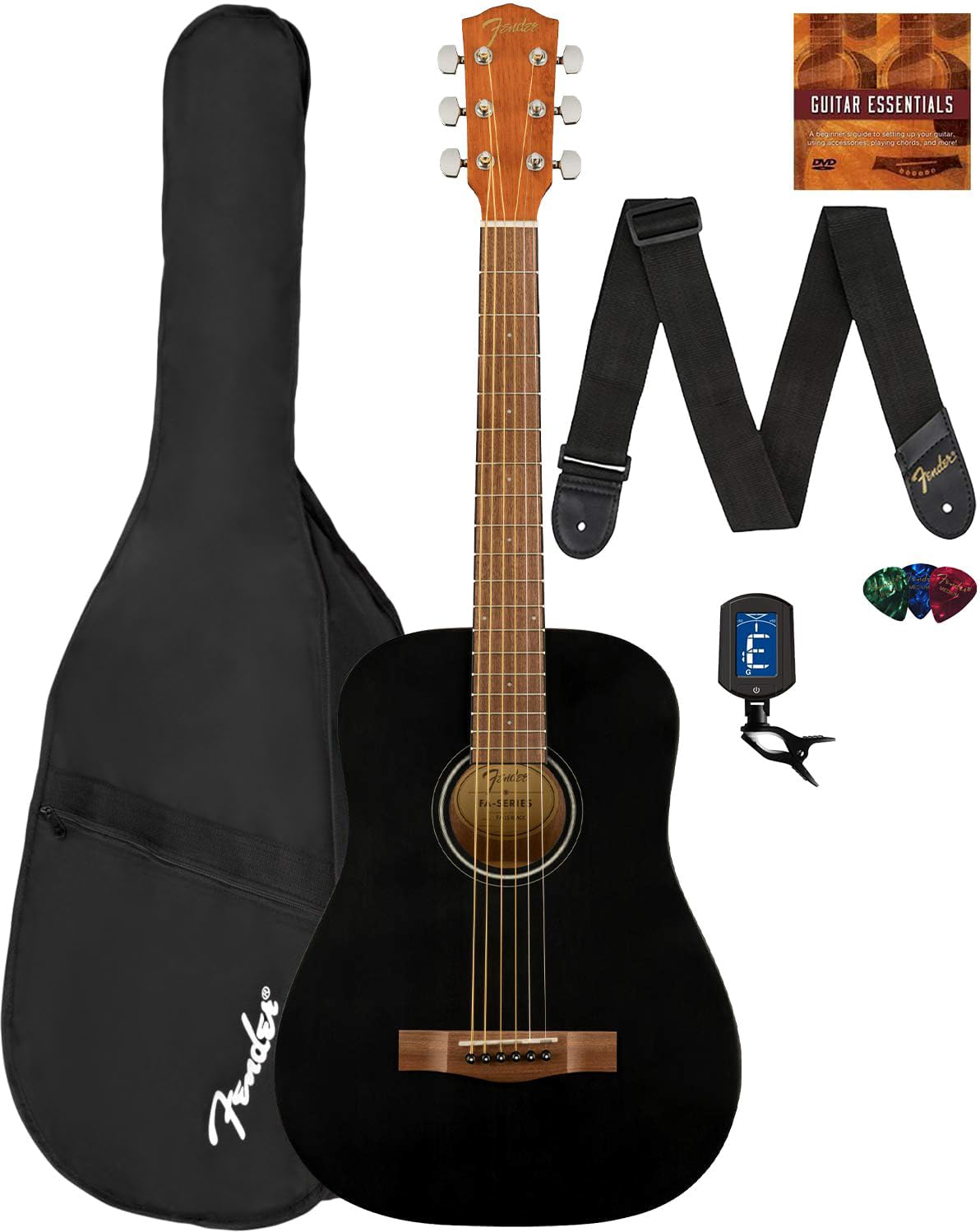 Fender Fa-15 3/4-Scale Kids Steel String Acoustic Guitar - Black Bundle With Gig Bag, Tuner, Strap, Picks, And Austin Bazaar Ins