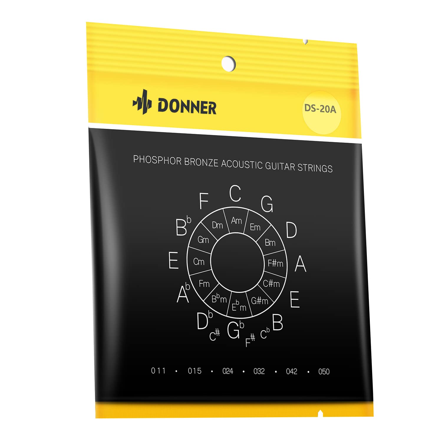 Donner Acoustic Guitar Strings, Light Acoustic Guitar Strings Phosphor Bronze Coated 1 Set Of 6 Hex Steel String 11-50 Das-20L